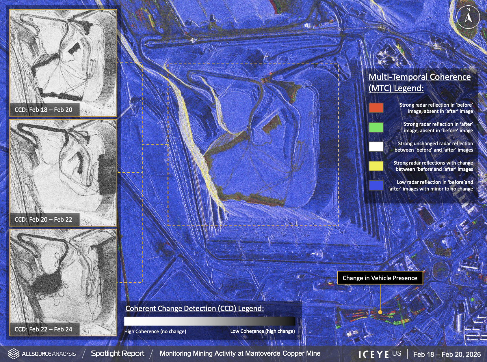 MTC and CCD time series of spent ore dump activity and vehicle movement