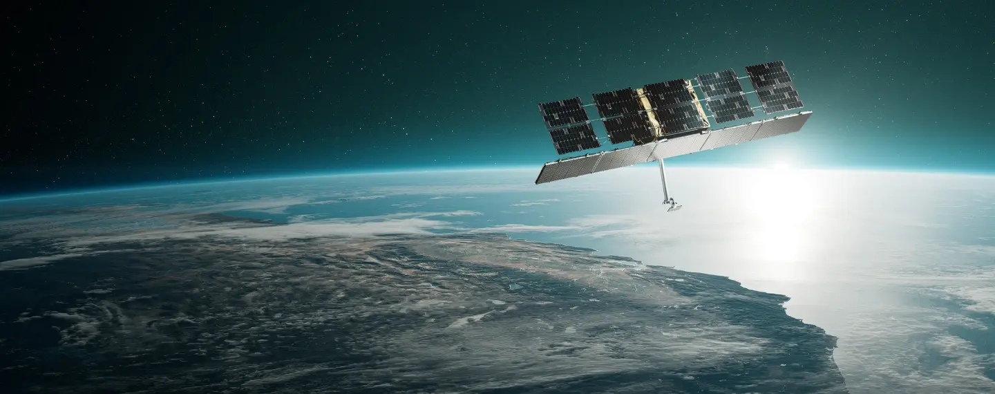 Satellite rendering in space with US global view in background