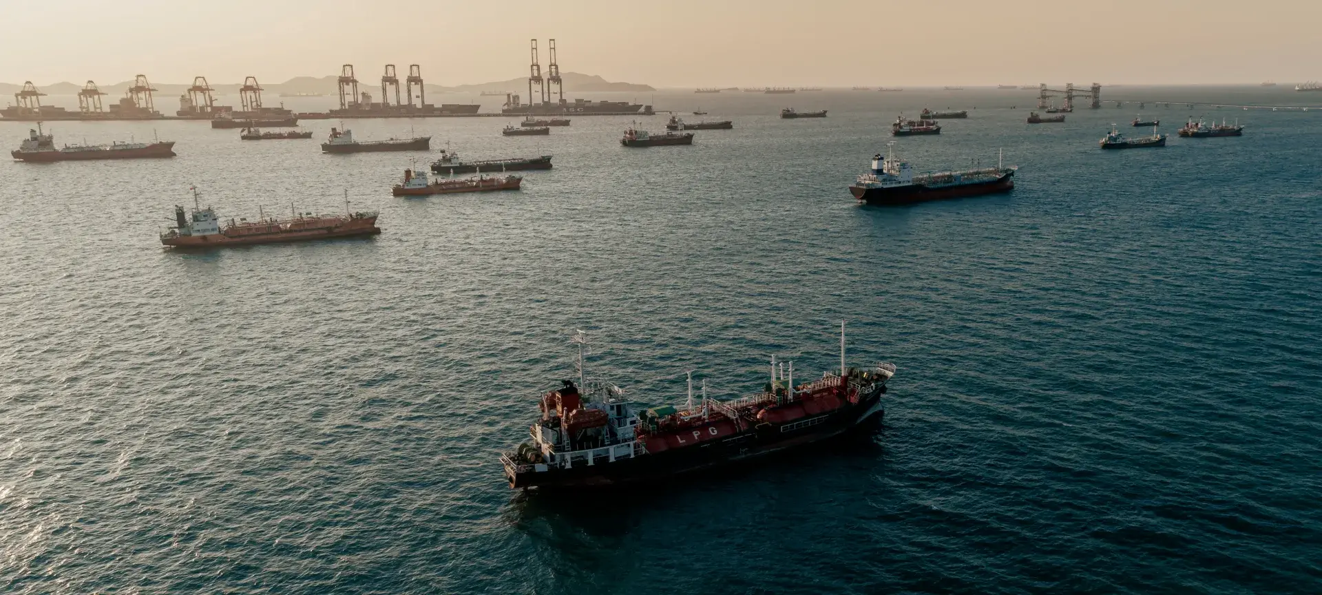 View of port monitoring with several ships on the water with mountains in the distance